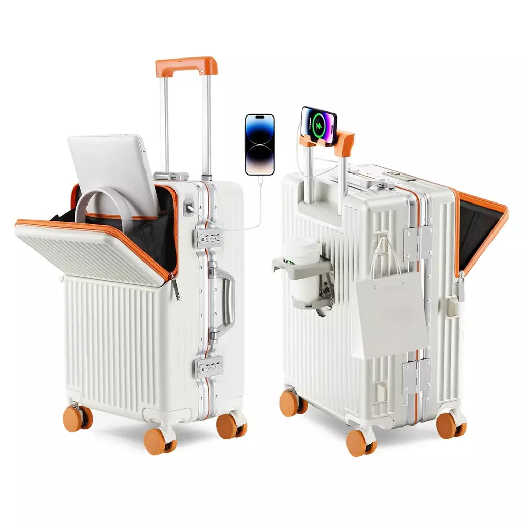 AIWEINY 2025 Mala de viagem rígida com estrutura em alumínio, resistente à pressão, com rodas omnidirecionais silenciosas de 360°, suporte para copos e prateleira, com fechadura TSA.