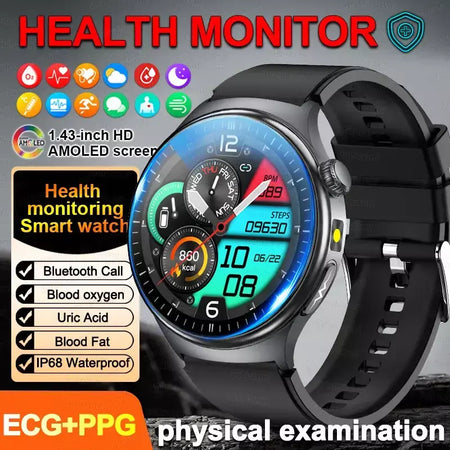 2026 novo relógio inteligente masculino feminino exame micro-físico ecg + ppg oxigênio no sangue ácido úrico pressão arterial safira smartwatch masculino