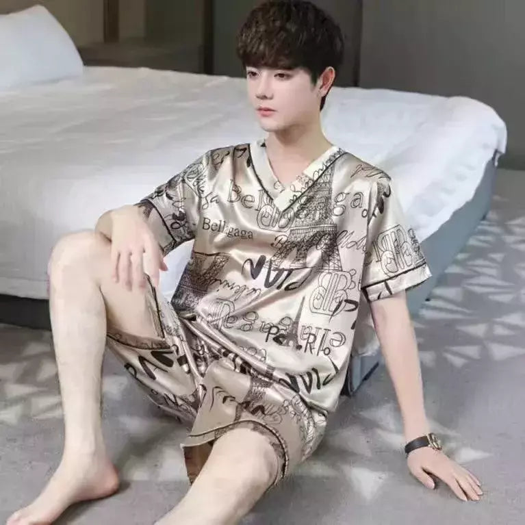 Conjunto de pijama de seda gelo manga curta masculino, pijama casual fino de simulação, tamanho grande, roupa para casa, verão, 2 peças