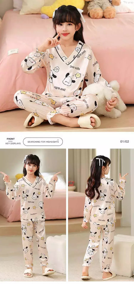 Ice Silk infantil Conjunto de Pijamas de manga curta, Pijamas gola V, Anime Sanrio Kuromi Minha melodia Desenhos animados, Cinnamoroll Menina, Cinnamoroll
