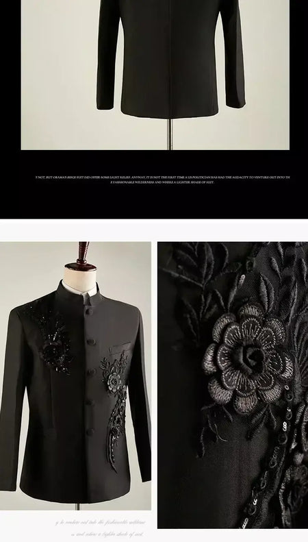 (Jaqueta + calça) moda masculina palco desempenho vestido ternos 2025 novo masculino estilo chinês levante-se colarinho decalque blazer e calças