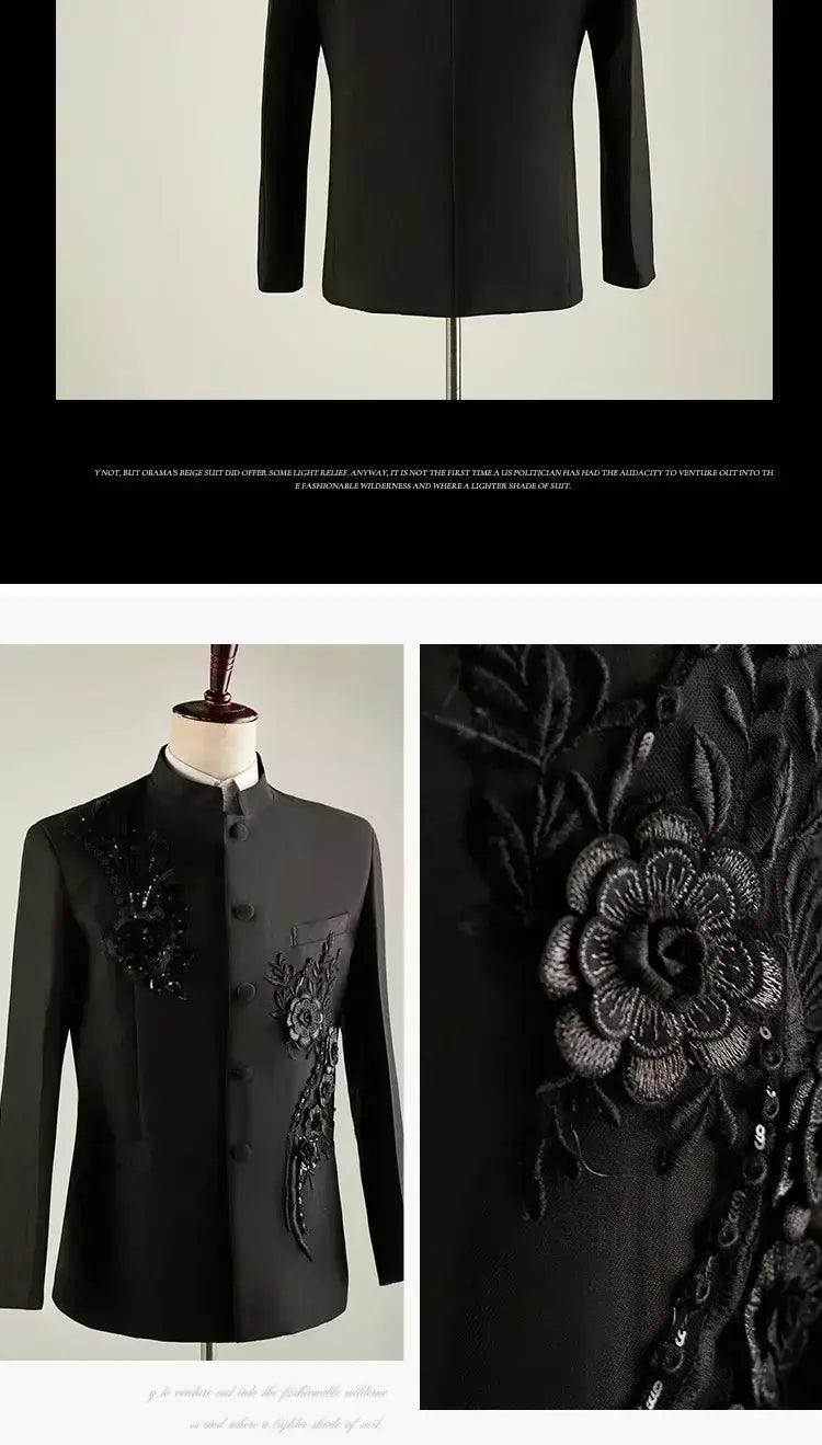 (Jaqueta + calça) moda masculina palco desempenho vestido ternos 2025 novo masculino estilo chinês levante-se colarinho decalque blazer e calças
