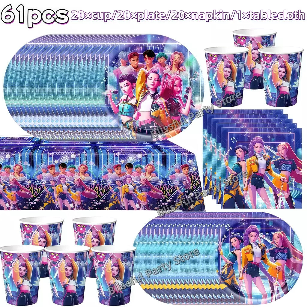 Conjunto de talheres para decoração de festa de aniversário, caçadores de demônios, copo, prato, guardanapo, banner, balão, meninas, coreano, kpop, anime, suprimentos de festa, decoração