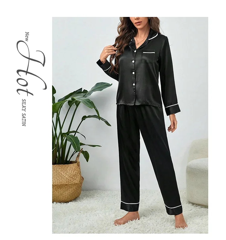 Pijama de seda gelo de mangas compridas feminino, tamanhos grandes, monocromático, casual, solto, preto, botões macios, cardigã, roupa de casa, pijamas, outono, inverno