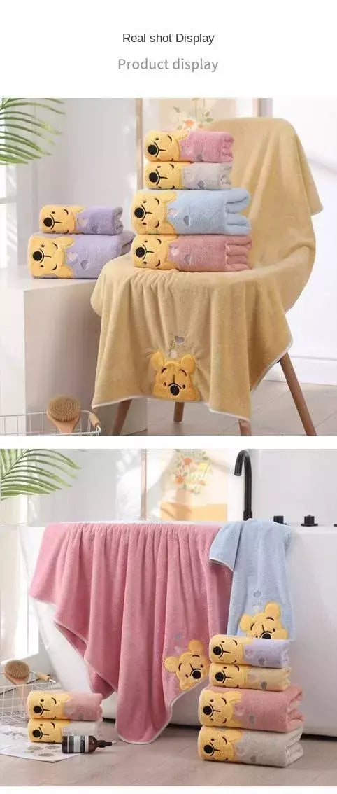 Winnie Bear Bath Towel Set para Crianças, Macio e Absorvente, Coral Velvet, Home Wash, Desenhos animados