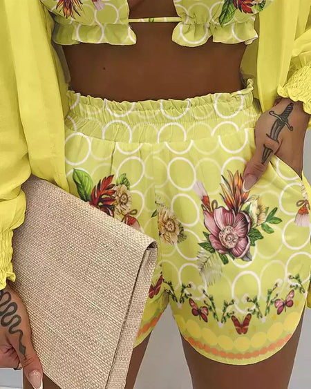 Fato de banho feminino de três peças, moda praia sexy, biquíni de cintura alta, maiô estampado, shorts para cobrir, moda praia de verão, novo 2024