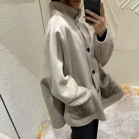 Gola de pele emendada longa pele de lã casaco feminino moda casual manga comprida lapela solta quente curto jaqueta senhora diariamente streetwear
