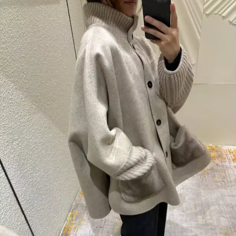 Gola de pele emendada longa pele de lã casaco feminino moda casual manga comprida lapela solta quente curto jaqueta senhora diariamente streetwear