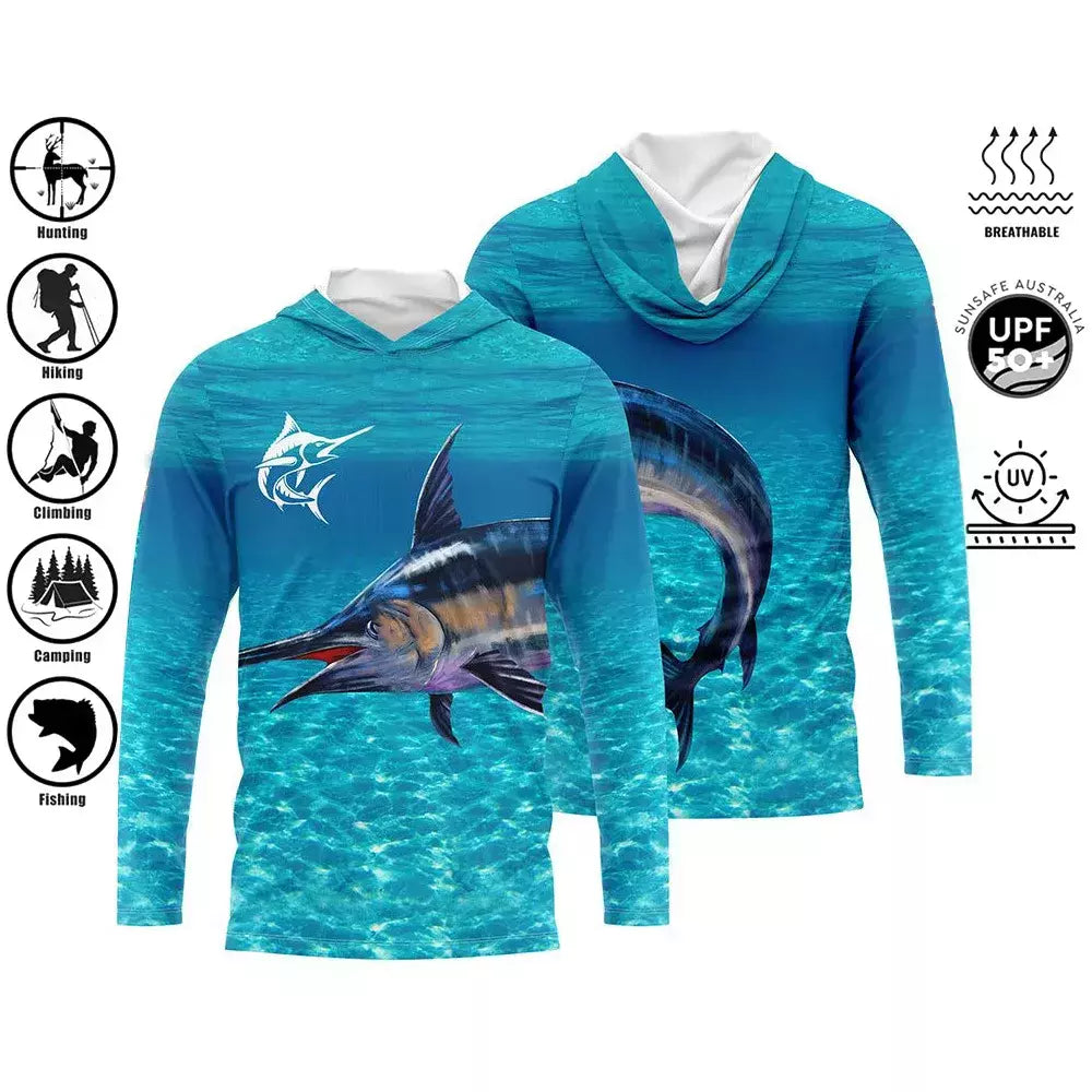 Camisa de pesca com capuz, camisa de pesca com capuz, proteção uv, padrão de moda ao ar livre, estampa de umidade, homem, vestuário de pesca