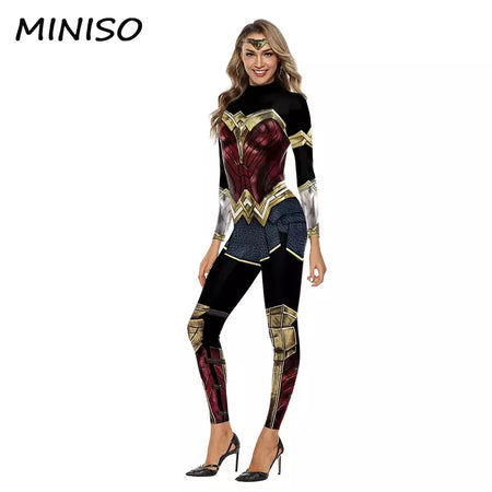 Miniso cosplay filme mulher maravilha traje festa de halloween impressão sexy macacão desempenho palco zentai bodysuit roupas femininas