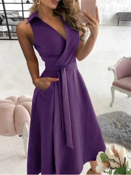Vestido feminino com decote em V, manga curta, cor sólida, bolso, elegante, escritório, moda, estilo de viagem, vestido de verão