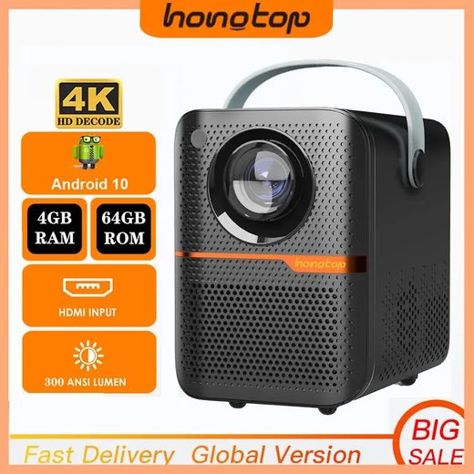 HONGTOP Android Inteligente Mini Projetor 300ANSI Lumen Projetor Portátil 4K com WIFI Bluetooth 1080P Home Movie Theater Beamer