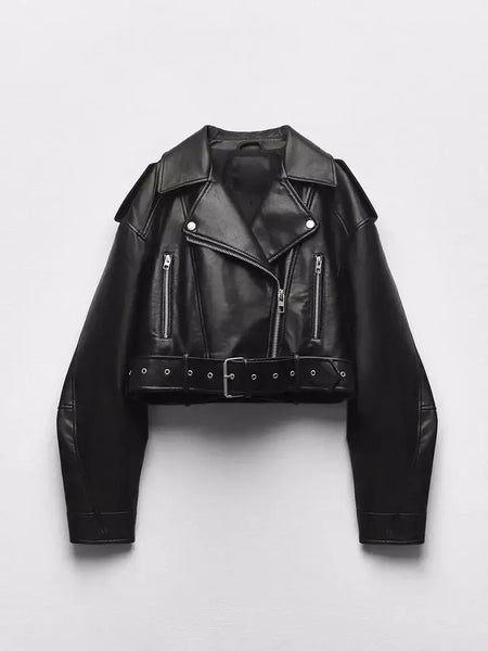 Ailegogo-Jaqueta curta feminina de couro PU falso com cinto, casaco de motociclista, lapela com zíper feminino, outwear solto, primavera, outono