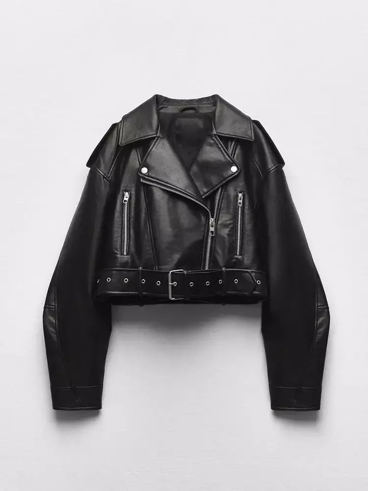 Ailegogo-Jaqueta curta feminina de couro PU falso com cinto, casaco de motociclista, lapela com zíper feminino, outwear solto, primavera, outono
