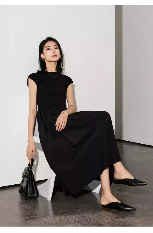 LILYMOON-vestido longo de emenda francês, saia de cintura alta, preto, fino, temperamento, cem, moda, verão