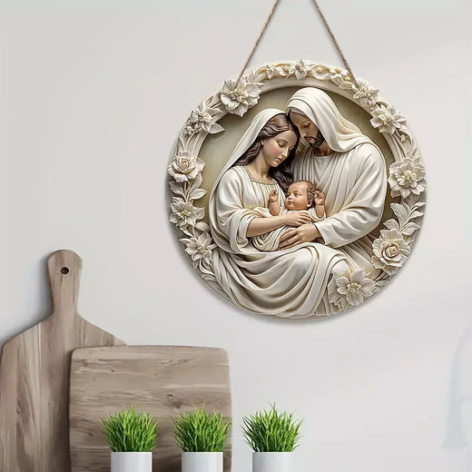 Ornamento clássico de madeira para presépio: a Sagrada Família de Maria, Jesus e Joseph, pendurado na parede, ?