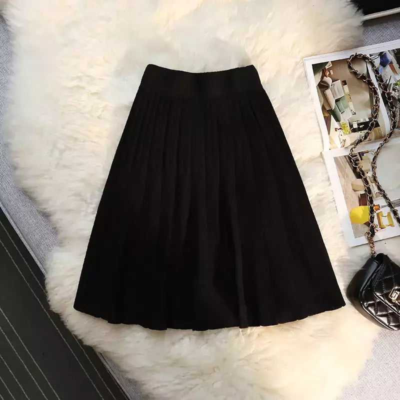 Míni saia plissada de malha feminina, cintura alta elástica, saia guarda-chuva linha A, casual sexy, curta, outono, inverno