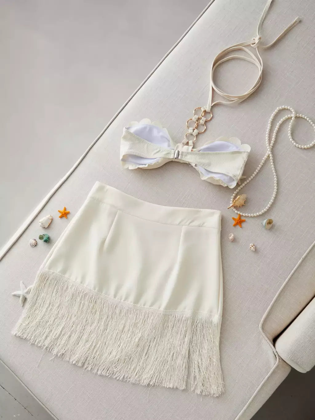 Conjunto sexy de biquíni feminino, sutiã de renda, mini saia, férias de praia, fato de banho feminino casual, 2 peças, verão