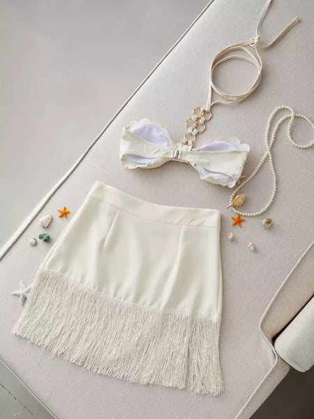 Conjunto sexy de biquíni feminino, sutiã de renda, mini saia, férias de praia, fato de banho feminino casual, 2 peças, verão