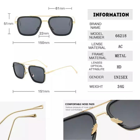 Tony Stark óculos de sol para homens e mulheres, óculos quadrados, armação de metal, Trendy Shades, Steam Punk, moda unissex