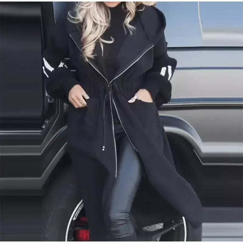 Casual longo retalhos casacos de malha feminino casual hoodies rendas até bolsos jaquetas femininas 2024 outono inverno nova senhora outerwears