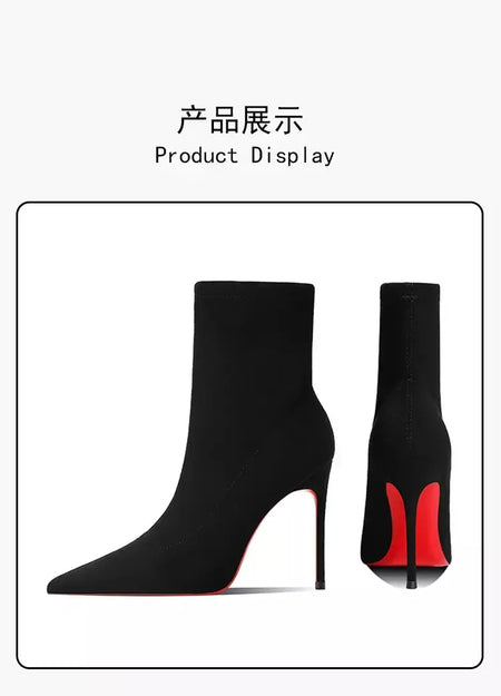 Botas de tornozelo femininas de inverno vermelho brilhante bottoms meias de malha botas outono 2025 nova moda botas de estiramento sexy feminino salto alto fem
