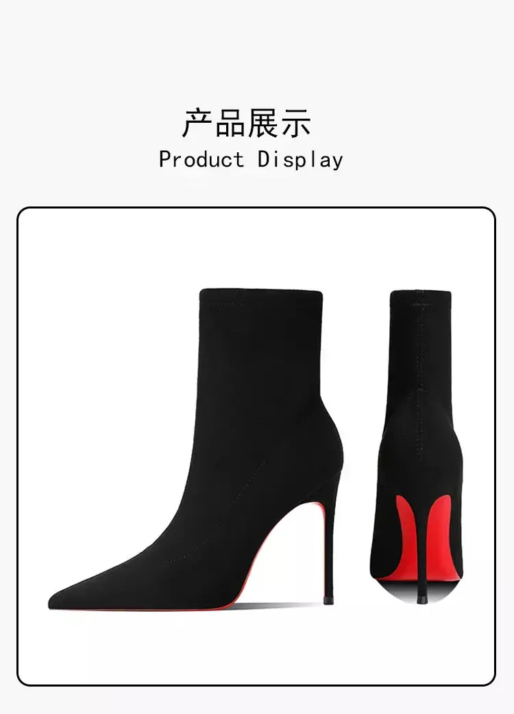 Botas de tornozelo femininas de inverno vermelho brilhante bottoms meias de malha botas outono 2025 nova moda botas de estiramento sexy feminino salto alto fem