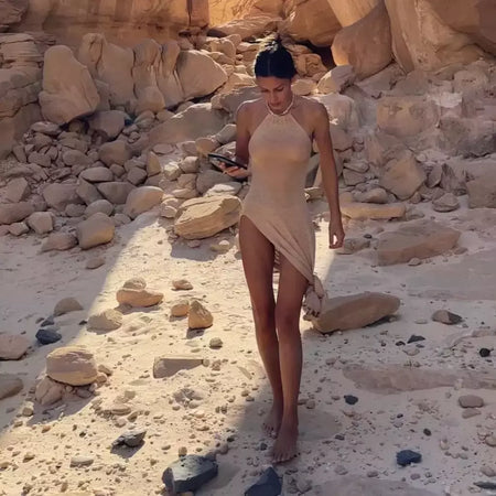 Tecido ver através do vestido maxi, Elegante Halter Beachdress, Sexy Slit Bodycon, Vestido de verão, Beachdress, Ver através, 2022