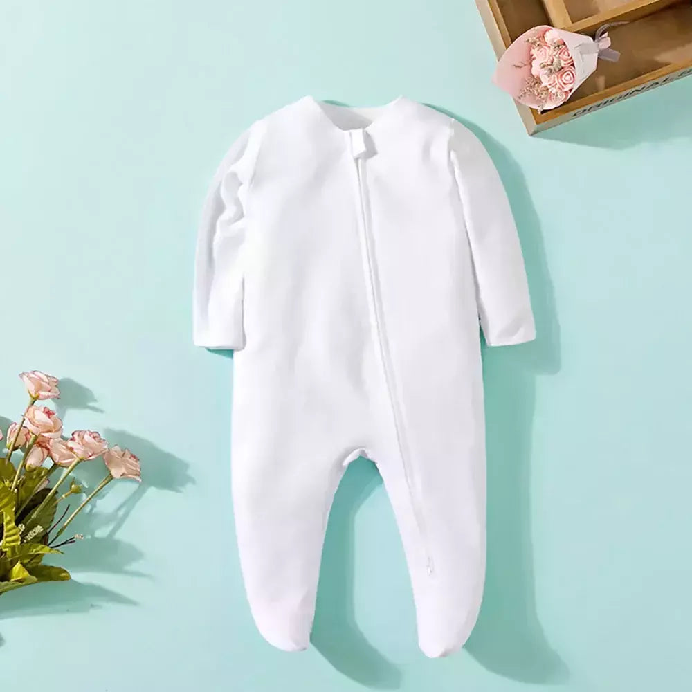Pijama recém-nascido com zíper, macacão menina e menino, macacão manga comprida, roupa de algodão, moda branca sólida, 0-12 meses, primavera