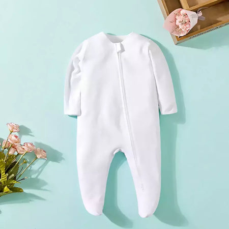 Pijama recém-nascido com zíper, macacão menina e menino, macacão manga comprida, roupa de algodão, moda branca sólida, 0-12 meses, primavera