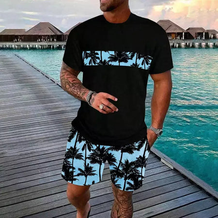 Conjunto de camiseta e shorts casuais masculinos, tops de praia estampados em 3D, moda streetwear, roupas esportivas, estilo havaiano, novo, 2 peças
