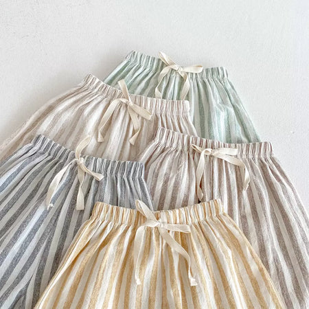 Calças listradas de algodão de linho vintage para meninos casual bolso design elásticos calças de cintura para criança menina roupas crianças