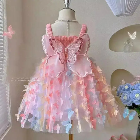 Novo bebê meninas festa de aniversário vestidos de noite verão asas borboleta crianças roupas doce colorido criança crianças traje
