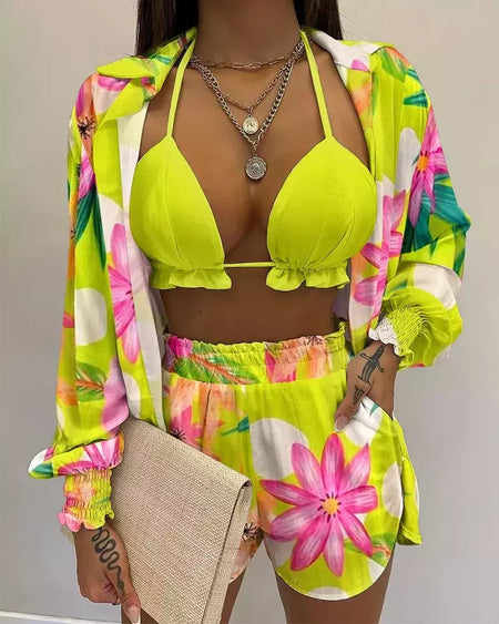 Fato de banho feminino de três peças, moda praia sexy, biquíni de cintura alta, maiô estampado, shorts para cobrir, moda praia de verão, novo 2024