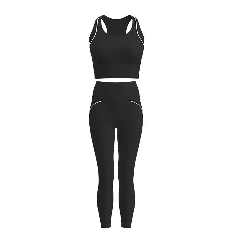 PINGNIAO-Calças e Sutiã Yoga de Cintura Alta para Mulheres, Alça Cruzada, Terno Esportivo, Fitness Wear, Design De Linha