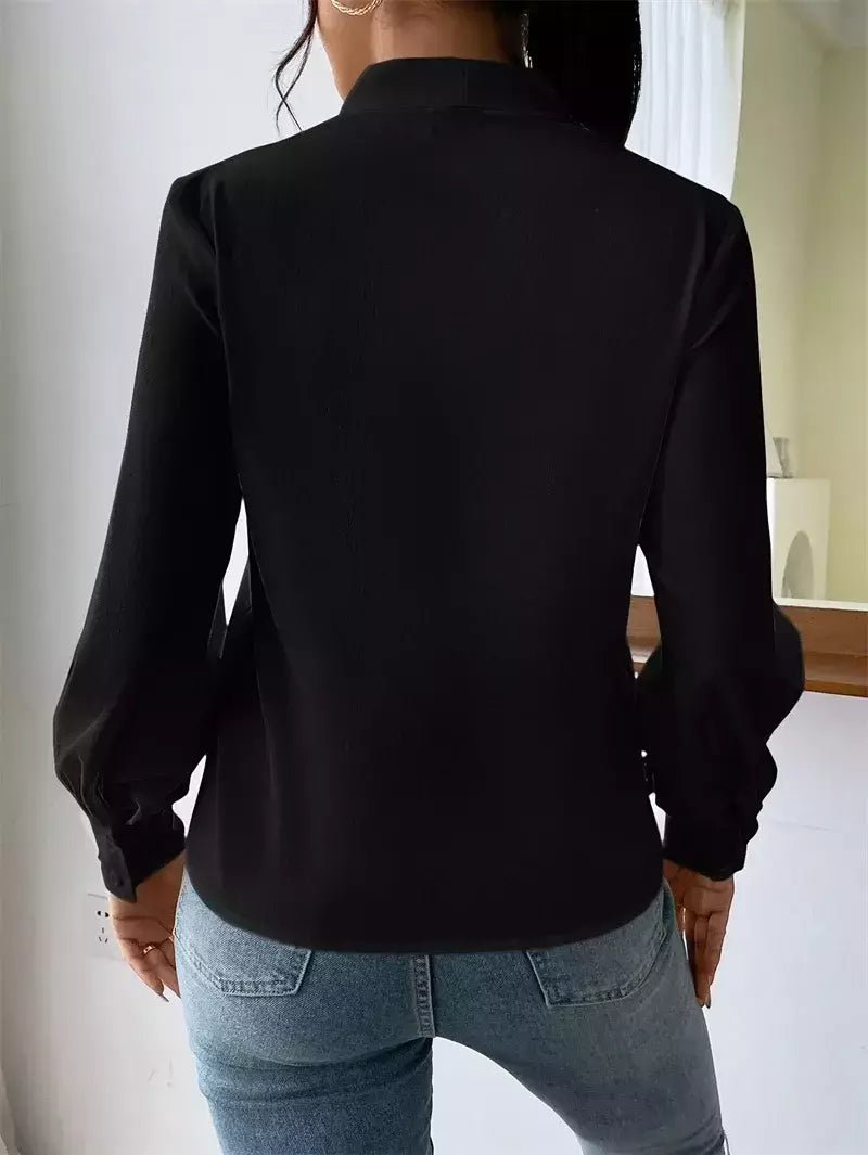 Pulôver de manga comprida com decote V feminino, camisa elegante, estilo britânico, tops urbanos, monocromático, confortável, blusa casual feminina, outono