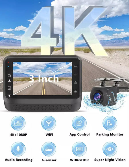 Kocam 4K UHD Dash Cam WiFi Carro DVR Dianteira e Traseira Lente Dupla Câmera Auto para Carro com Visão Noturna 24H Monitor de Estacionamento Caixa Preta