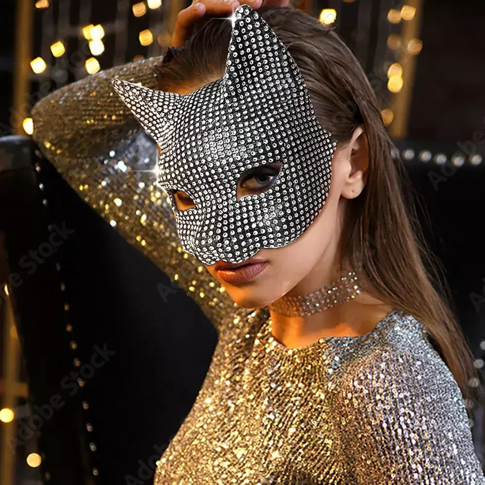 Máscaras de orelha de gato brilhantes cosplay festa de halloween acessórios de fantasia luvas longas sexy bling gatinho metade máscaras