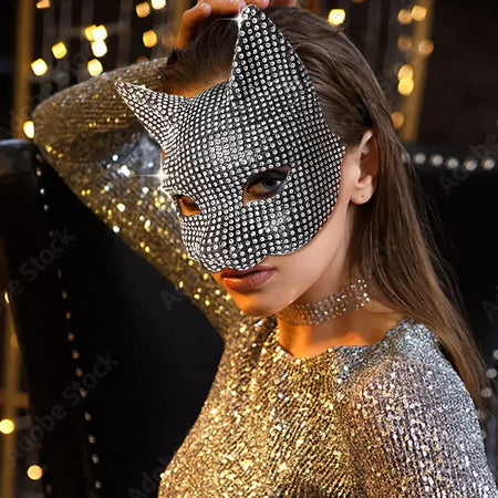 Máscaras de orelha de gato brilhantes cosplay festa de halloween acessórios de fantasia luvas longas sexy bling gatinho metade máscaras