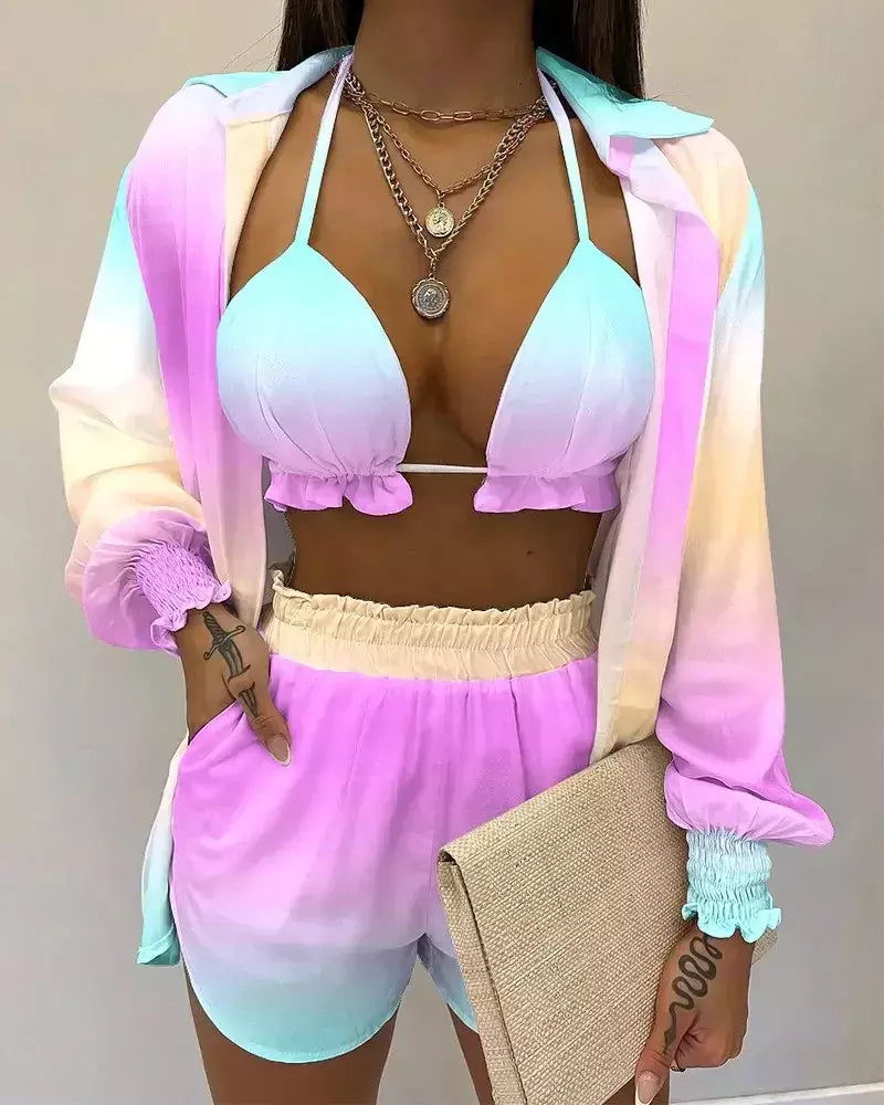 Fato de banho feminino de três peças, moda praia sexy, biquíni de cintura alta, maiô estampado, shorts para cobrir, moda praia de verão, novo 2024