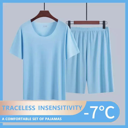Verão pijamas masculinos terno fino gelo casa roupas traceless manga curta shorts em torno do pescoço casual roupas de verão