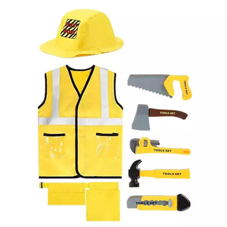 Traje de colete de trabalhador de construção infantil, conjunto de jogo de 5 peças de trabalhador, colete reflexivo amarelo com ferramentas, vestido de festa