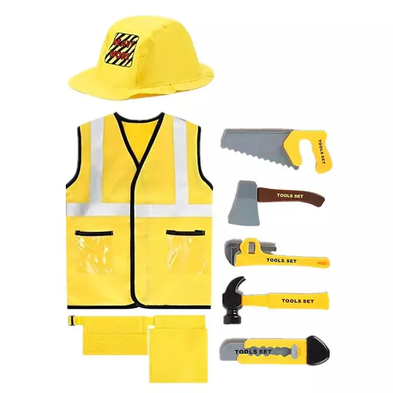 Traje de colete de trabalhador de construção infantil, conjunto de jogo de 5 peças de trabalhador, colete reflexivo amarelo com ferramentas, vestido de festa