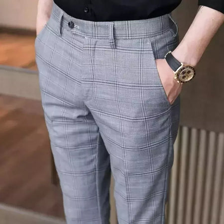 Xadrez masculino anti-rugas calças cortadas, roupas de grife casual, terno masculino reto, verão, fino, barato, designer, cheque, 9
