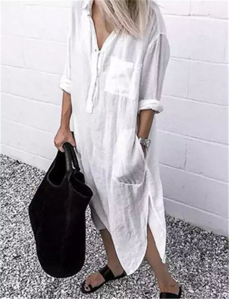 Vestido longo de linho de algodão feminino, branco, oversize, casual, simples, cor pura, divisão, praia, verão, elegante, S-4X