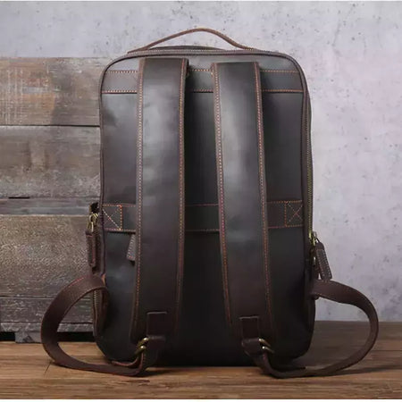 Mochila de couro genuíno para homens, cavalo louco vintage mochila para laptop grande mochila diária mochila de viagem mochila para caminhadas