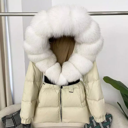 Oftbuy 2024 jaqueta de inverno feminina gola de pele de raposa natural real com capuz grosso quente 90% pato branco para baixo casaco feminino streetwear casual
