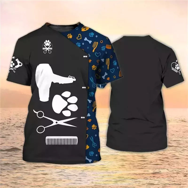 Dog Groomer's T-shirts para homens e mulheres, Pet Grooming Uniformes, Tops roupas, canino, veterinário, cabeleireiros, trabalho canino, 2024