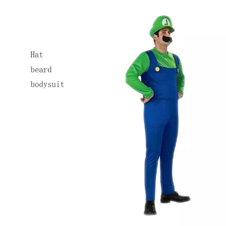 Luigi masculino disfarçado roupas de luxo para adultos super irmão roupas role-playing fantasia vestido conjunto chapéus e barba masculinos e femininos