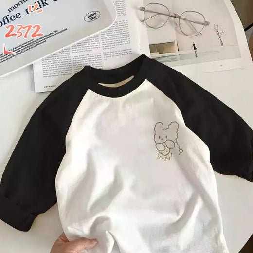T-shirt de manga comprida para menino e menina, top de algodão puro, design cartoon, novo outono e inverno